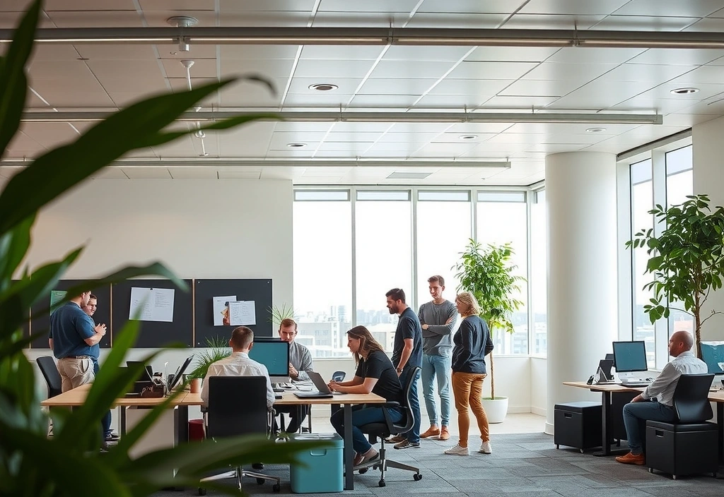 Modern office interior with diverse employees collaborating