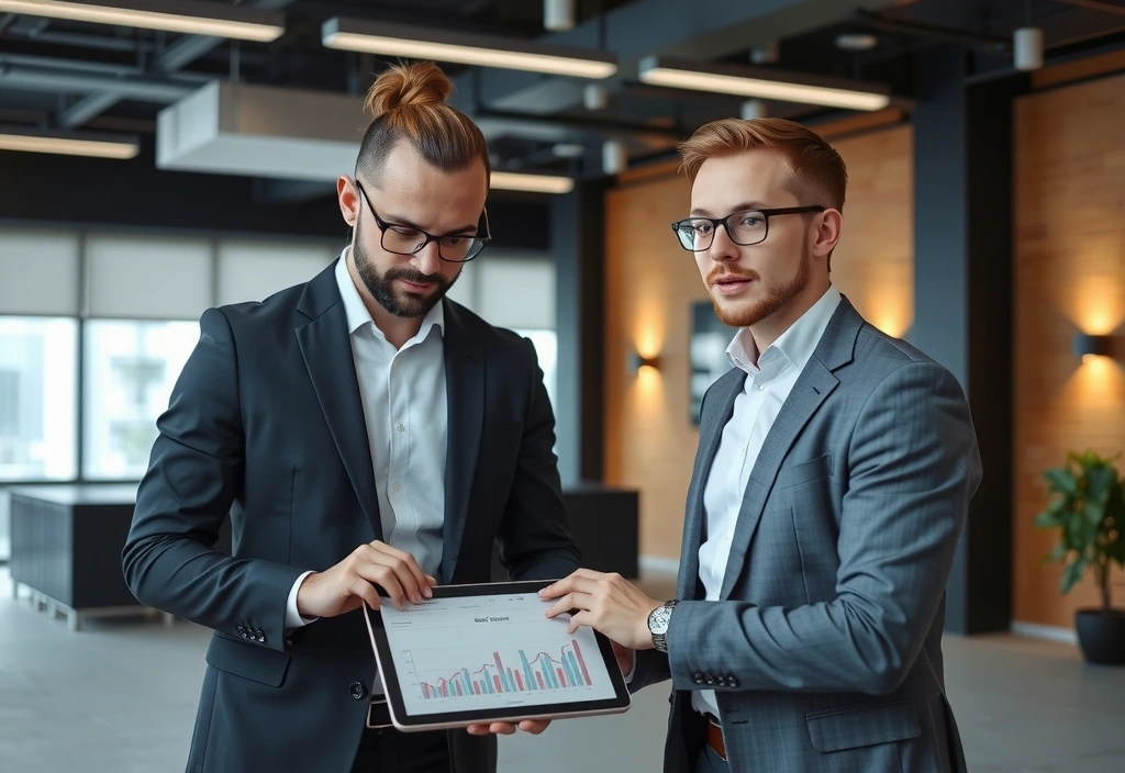 Professional demonstrating software on a tablet to a client