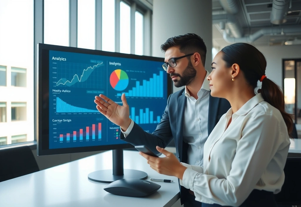 Professional discussing data analytics