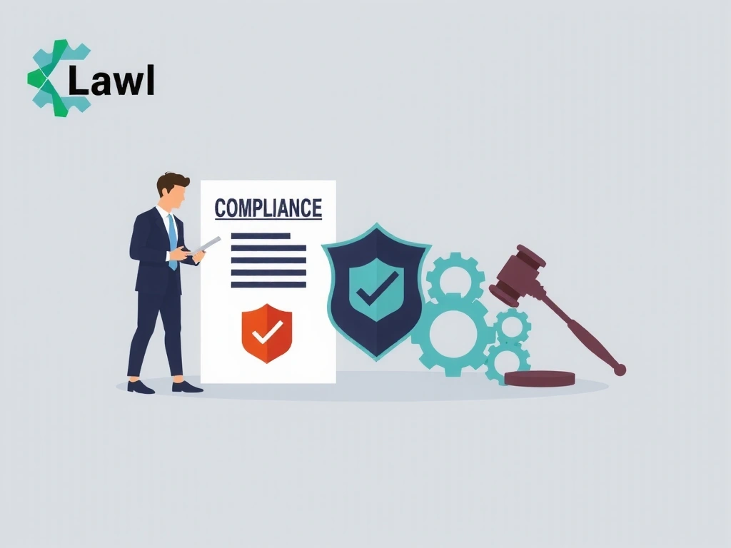 Illustration of legal compliance documents and a shield icon